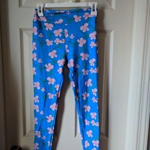 LuLaRoe OS Blue with Pink Flowers Leggings